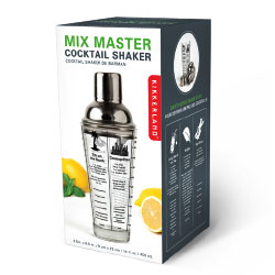 Mix Master Cocktail shaker mit Masseinheiten. Mix Master Cocktailshaker mit 6 Rezepten rundum bedruckt.