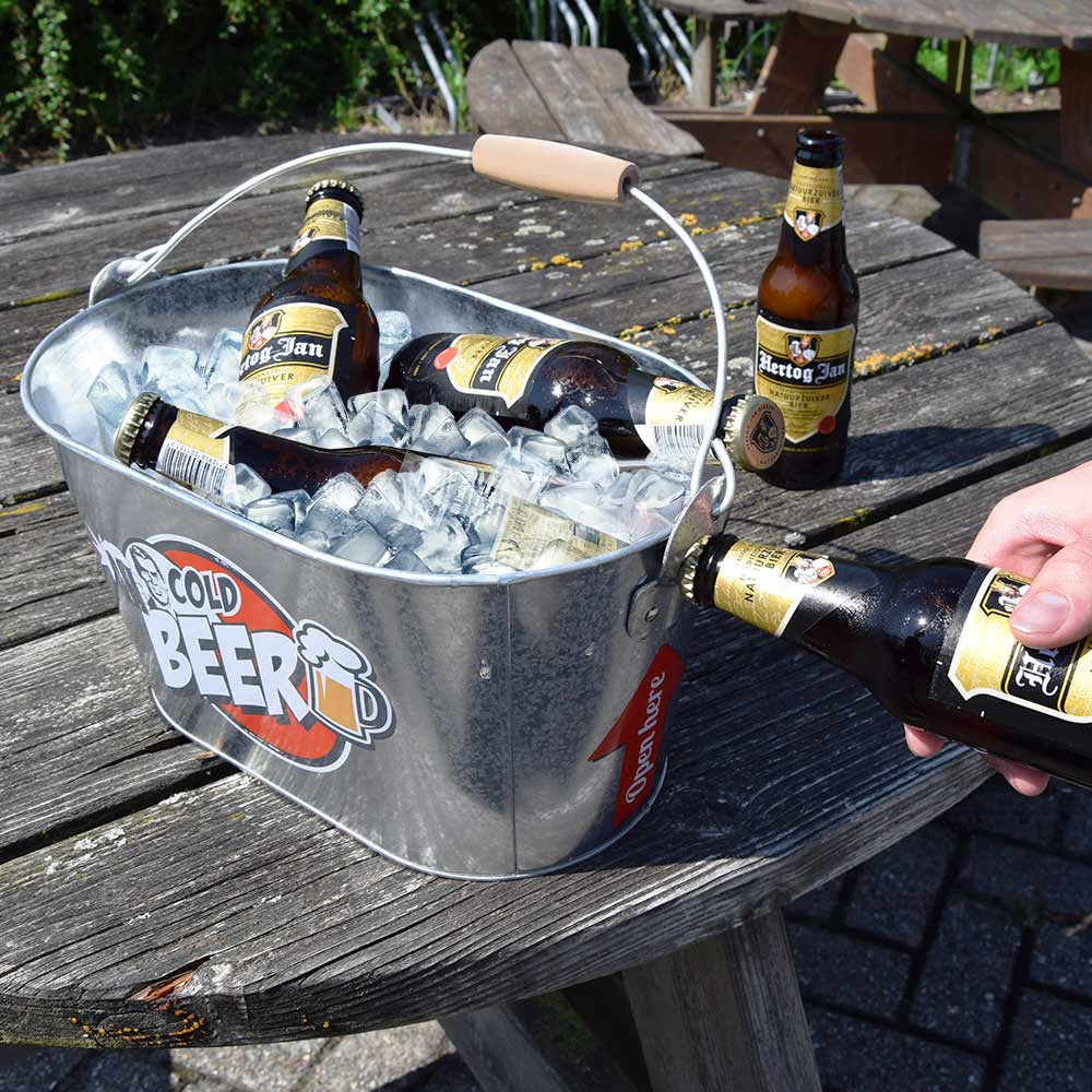 Bierkoeler IJsemmer Houten Handvat Incl. 2 Flesopeners 26 x 13 cm Houd uw Bier Koud en Verfrissend Ideaal voor Feestjes en Barbecues