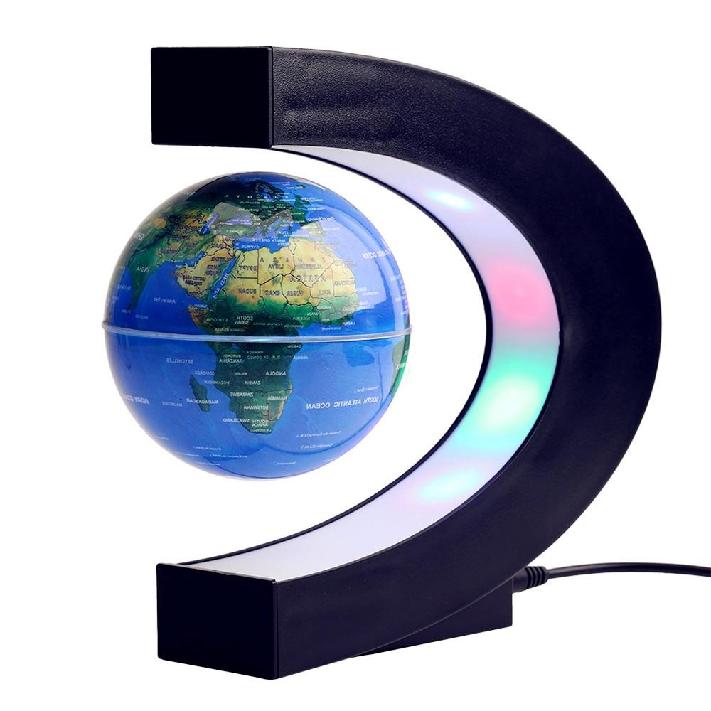 Zwevende Wereldbol met LED – C-vorm voor op kantoor.