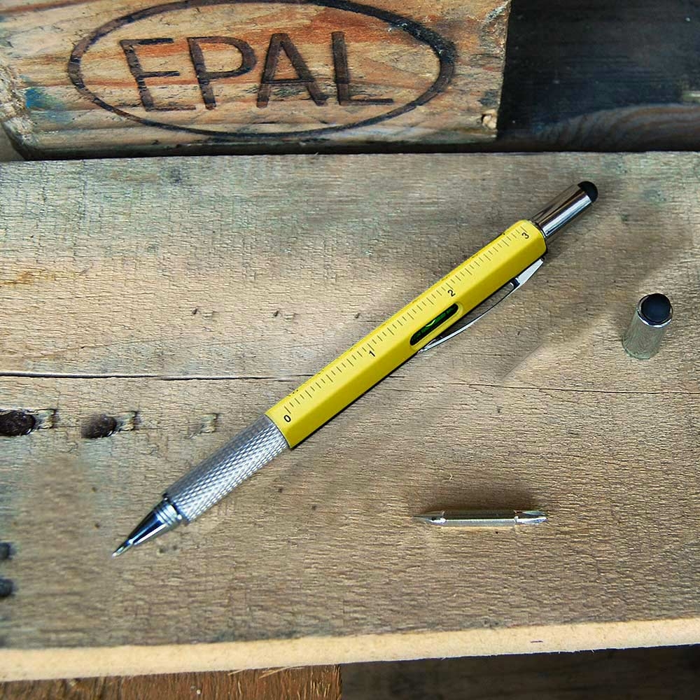 6 in 1 Multitool Pen Geel Liniaal Waterpas Kruiskop en Plattekop Schroevendraaier Gereedschapspen Handy Pen