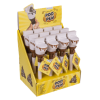 Toonbankdisplay met 12 witte 'Poo Pen' pennen, elke pen heeft een miniatuur toilet met poep-emoji op de dop.