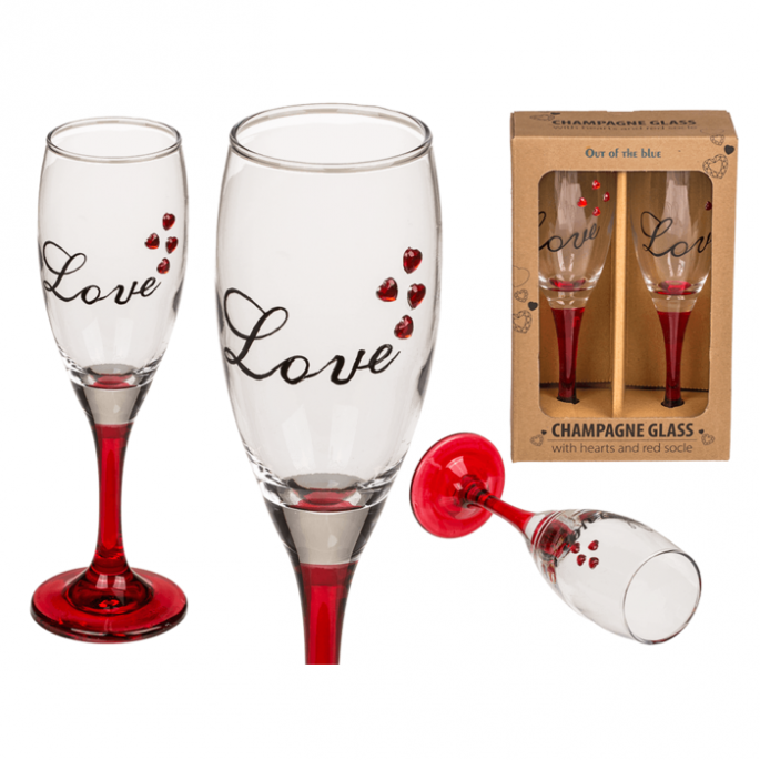 Champagne glazen met hartjes - Hartjes bedrukking - Met rode poot - Love Champagneglazen - Champagneglas van glas