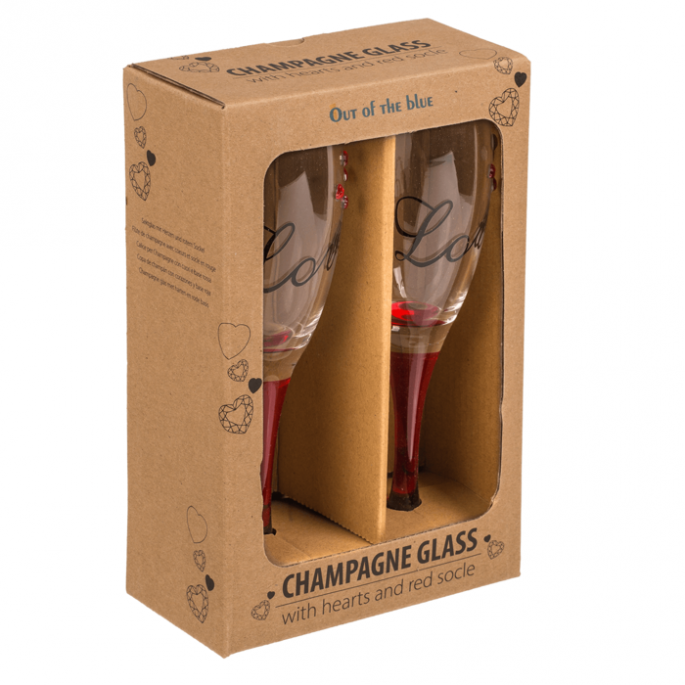 Champagne glazen met hartjes - Hartjes bedrukking - Met rode poot - Love Champagneglazen - Champagneglas van glas