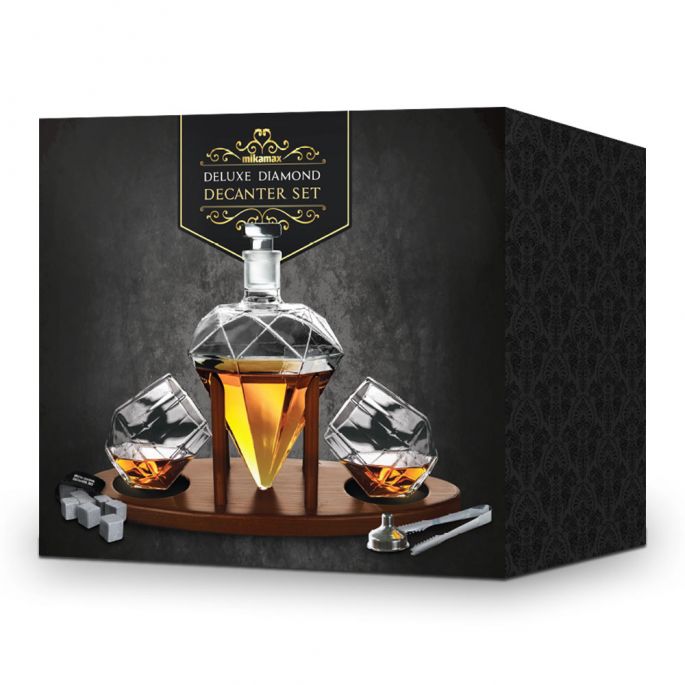 Diamant Whiskey Decanter - Deluxe Uitvoering - Houten Plateau - Incl. Whiskey Glazen, Whiskey Stones, Trechter en Ijstang - Complete Whiskey Set 