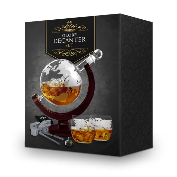 Globe Whiskey Decanter - Standaard Versie - 0.9L - Incl. 2 Whiskey Glazen, Whiskey Stones en Luxe Kist - Whiskey Karaf