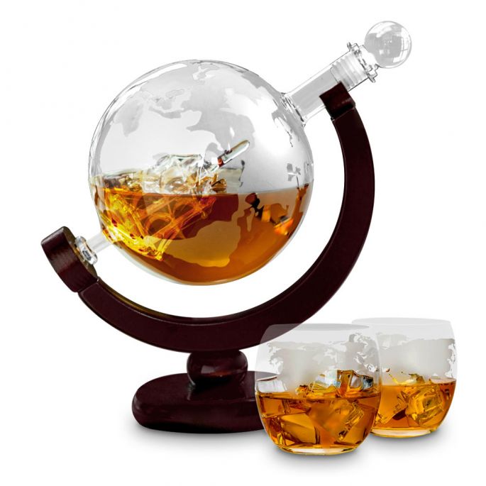 Globe Whiskey Decanter - Standaard Versie - 0.9L - Incl. 2 Whiskey Glazen, Whiskey Stones en Luxe Kist - Whiskey Karaf