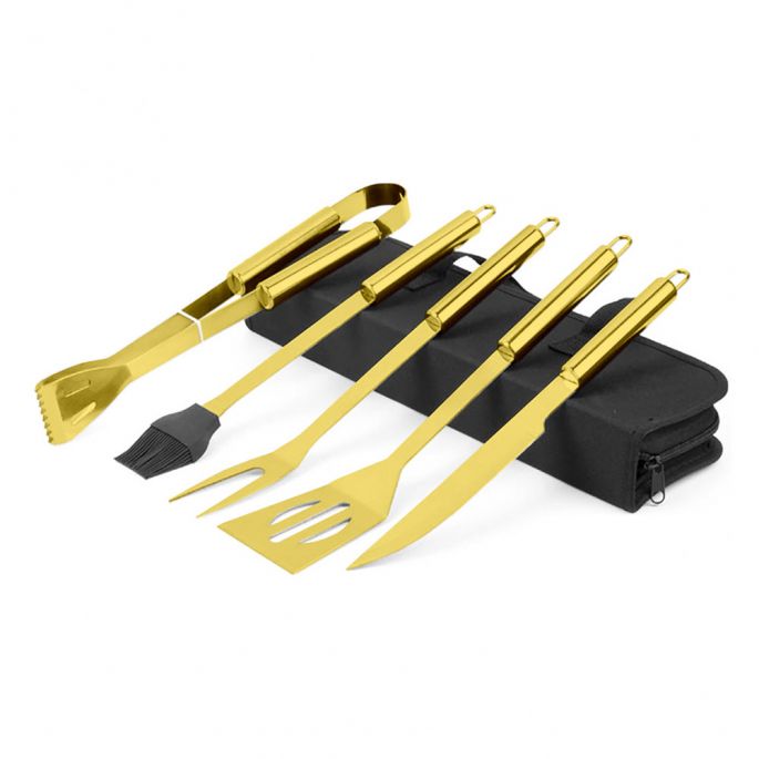 Gouden BBQ Tools - Miljonair Barbecue Accessoire Set - 5 Delige BBQ set - Incl. Meegeleverde Tas - Gouden BBQ Set - Hoge Kwaliteit Gouden BBQ Gereedschap Set