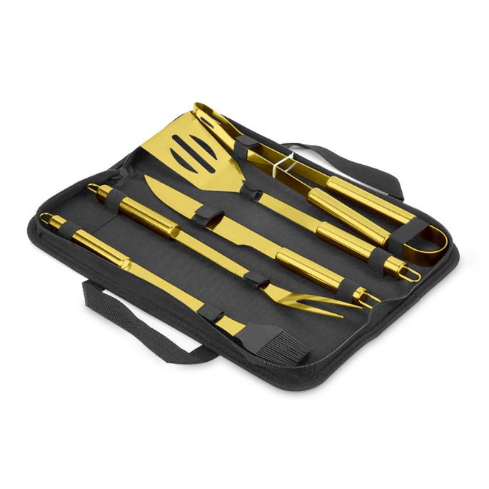 Gouden BBQ Tools - Miljonair Barbecue Accessoire Set - 5 Delige BBQ set - Incl. Meegeleverde Tas - Gouden BBQ Set - Hoge Kwaliteit Gouden BBQ Gereedschap Set