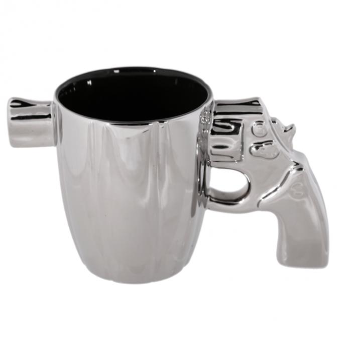 Mok met revolver - Handvat van een pistool - Zilver - Pistool mok - Mok met pistool handvat