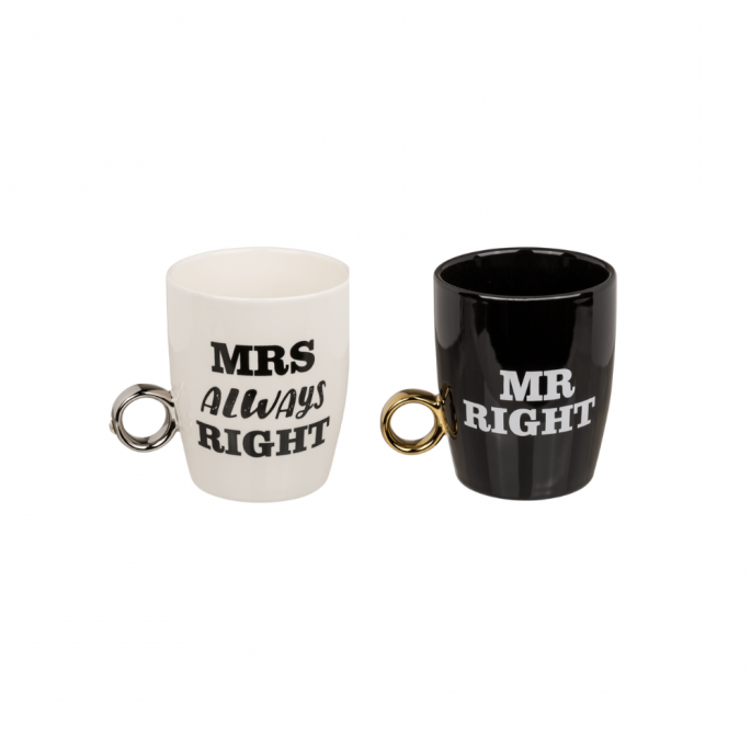 Porseleinen mokken Mr Right & Mrs Always Right - Wit en Zwart - koffiemok met tekst - Grappige mokken
