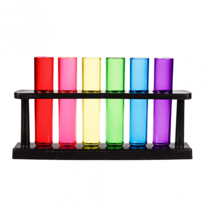 Reageerbuis shotglaasjes - 6 reageerbuisjes in verschillende kleuren - Origineel shotglas - Halloween gadgets - Vooraanzicht