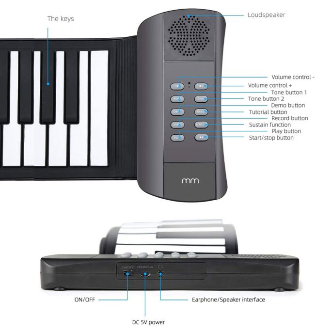 Oprolbaar Keyboard – Digitale Piano – 61 Toetsen – 16 Instrumenttonen – Opname Functie – Ingebouwde Luidspreker – Incl. Opbergtas – Roll Up Keyboard