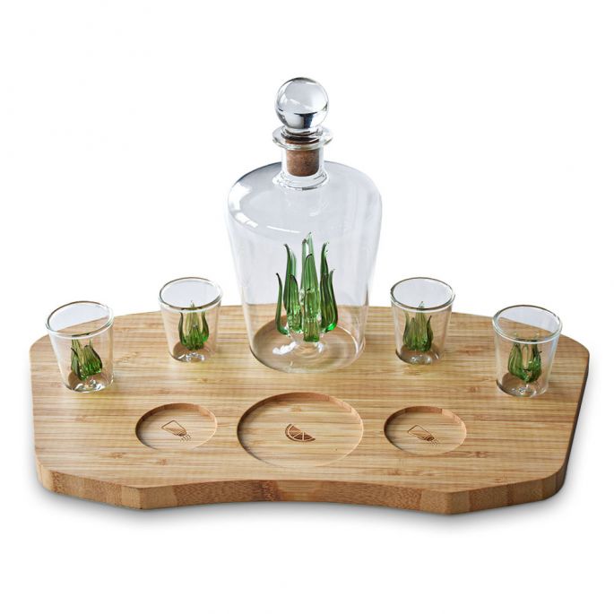 Tequila Decanter Set – Complete Set – Incl. 4 Shotglazen en Houten Plateau - 840 ml - Tequila Karaf