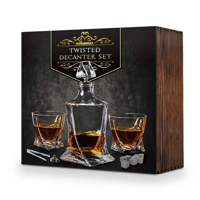 Twisted Whiskey Decanter - Complete Whisky Set Incl. Glazen en Stones - Inhoud 1L - Design Decanter - Whiskey Karaf