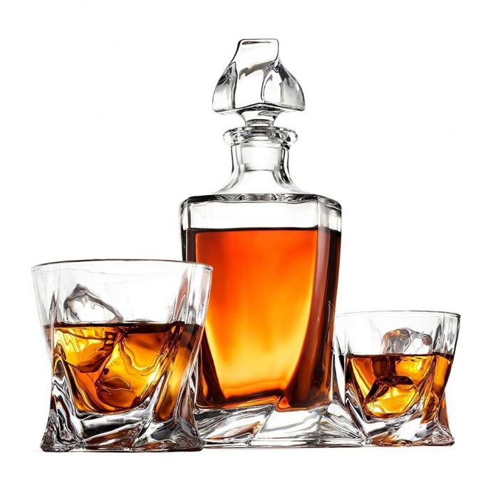 Twisted Whiskey Decanter - Complete Whisky Set Incl. Glazen en Stones - Inhoud 1L - Design Decanter - Whiskey Karaf