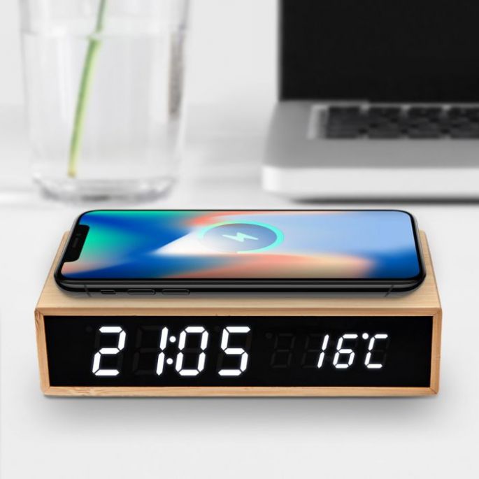 wireless bamboo charger clock gadget