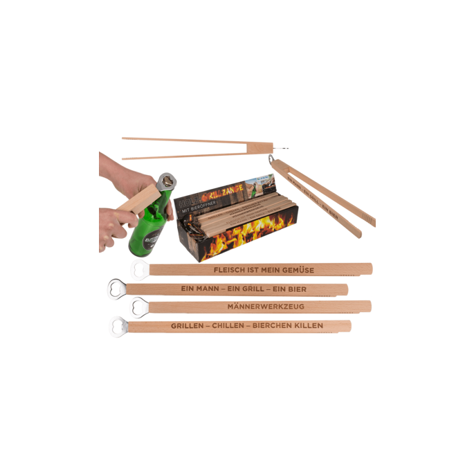 Houten BBQ tang met bieropener - BBQ gadget - Wooden bbq tongs with bottle opener