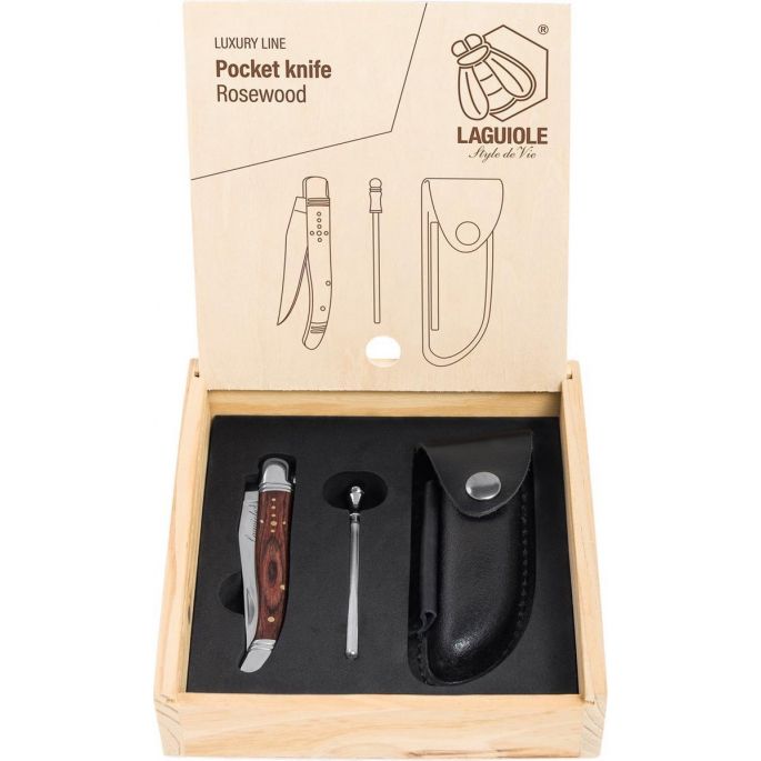 Zakmes Zebrano hout incl. aanzetstaal en etui