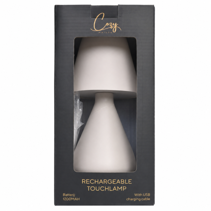 Cozy Maison oplaadbare tafellamp met touchfunctie in taupe uitvoering in de originele verpakking.
