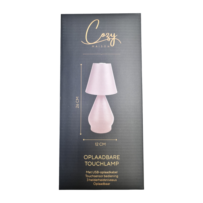 Zijkant van de verpakking van de Cozy Maison oplaadbare taupe tafellamp met afmetingen en productspecificaties.