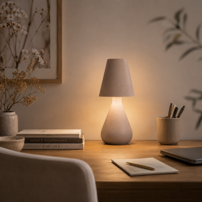 Cozy Maison oplaadbare taupe tafellamp met touchfunctie op een bureau in een rustige, moderne werkomgeving.