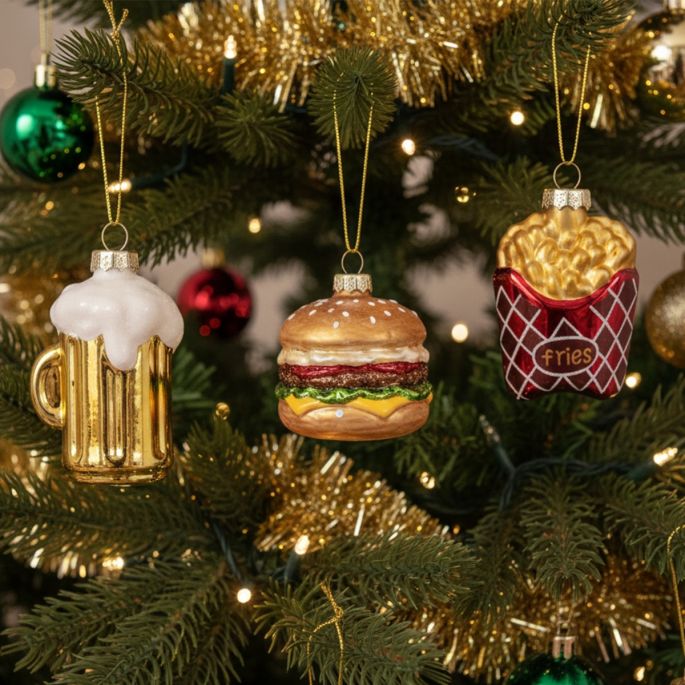 kerstballen met fastfood figuurtjes - Burger, Frietjes & Bierglas