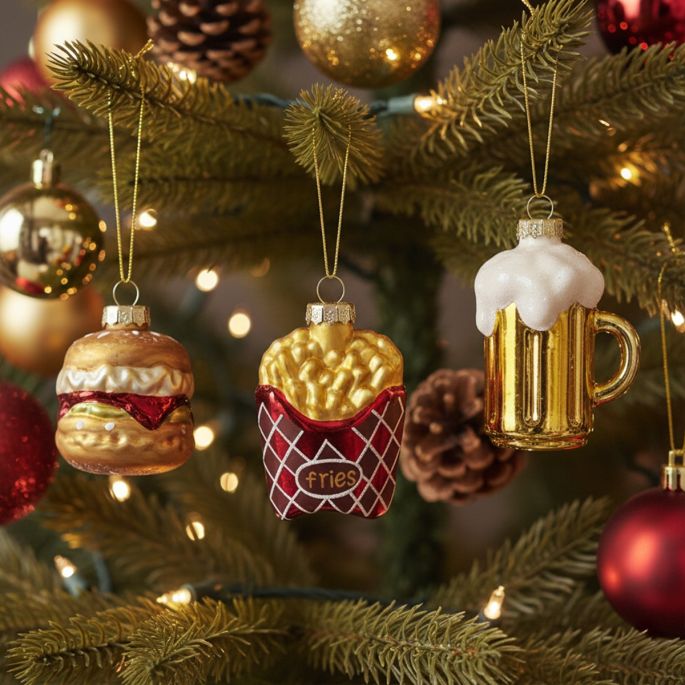 Glazen kerstballen in fastfood figuurtjes 