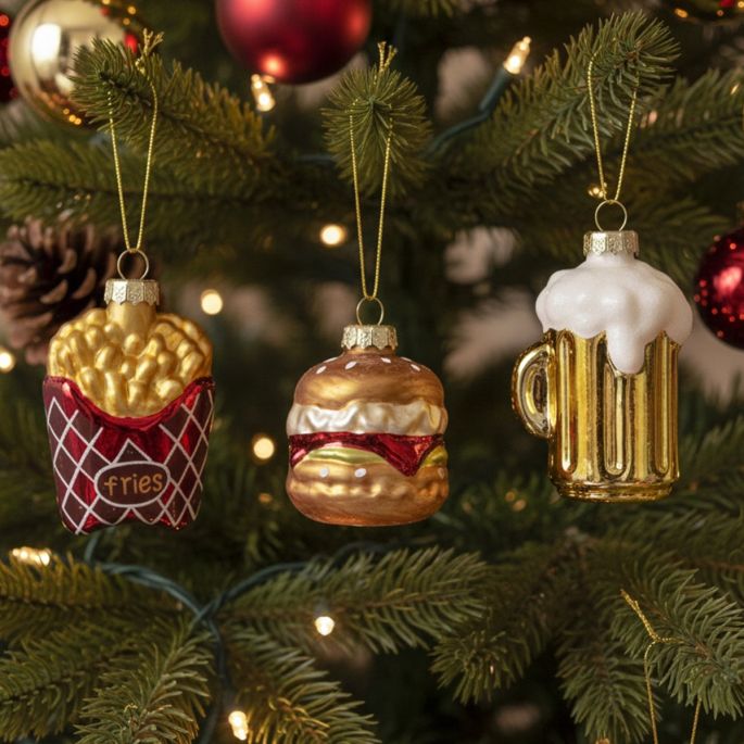 Glazen kerstballen fastfood set - Burger, Frietjes & Bierglas