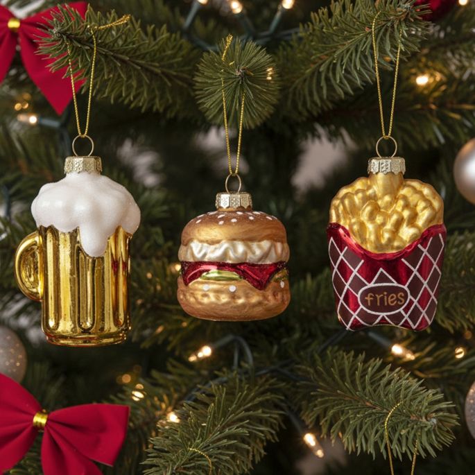 Glazen kerstballen set met Burger, Frietjes & Bierglas