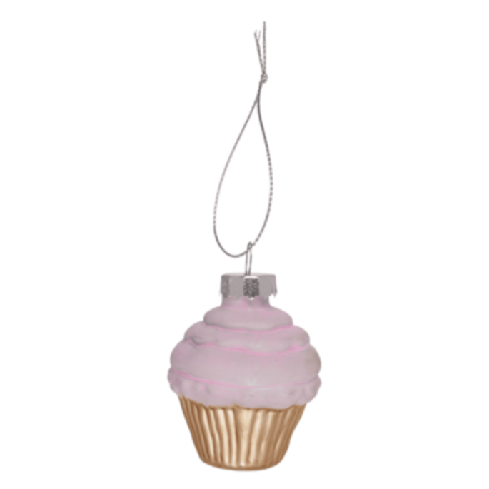 Losse glazen kerstbal in de vorm van een Cupcake, met een gouden geribbelde onderkant en roze slagroom-achtige topping.