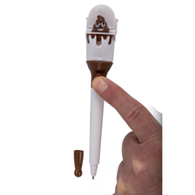 Hand drukt op de pen, waardoor de 'drol' emoji in het toilet op en neer beweegt.