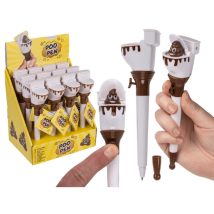 Collage van de 'Poo Pen' toiletpen: in de hand gehouden, los, en in een gele toonbankdisplay.