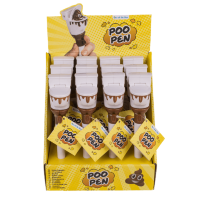 Vooraanzicht van de gele toonbankdisplay met de 'Poo Pen' pennen.