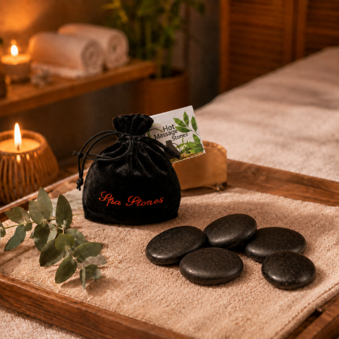 Hot rocks massage stenen met opbergzakje op handdoek in warme wellness setting