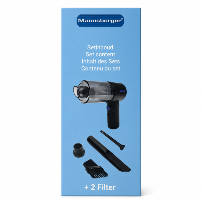 Mannsberger handstofzuiger verpakking met setinhoud en accessoires.