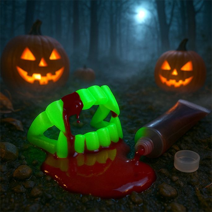 Fake blood with glow in the dark teeth Halloween