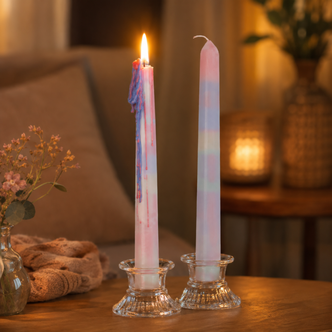 Kleurrijke drip kaarsen set van 2 in glazen kandelaars op houten tafel met warme verlichting