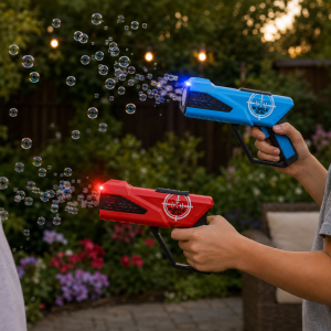 Kinderen spelen buiten met rode en blauwe bubble guns die bellen blazen.