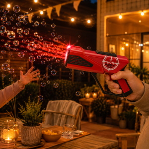 Kind speelt met rode Bubble Gun met LED tijdens een sfeervolle zomeravond in de tuin.