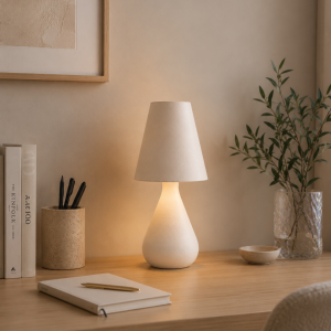 Cozy Maison oplaadbare witte tafellamp met touchfunctie op een bureau in een rustige, moderne werkomgeving.