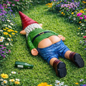 Grappige dronken tuinkabouter liggend in gras met bierflesje, decoratie voor tuin of balkon