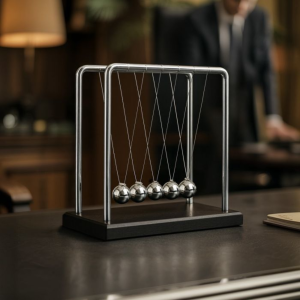 Grote Newton’s Cradle met metalen kogels op bureau, stijlvol kantoor gadget voor ontspanning en decoratie