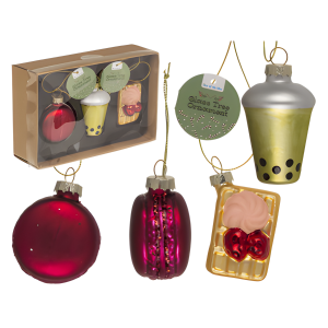 Glazen kerstballen set - Bubble Tea, Macaron, Wafel - 3 stuks