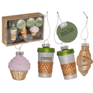 Glazen Kerstdecoraties Set van 3 – Koffie, Croissant & Cupcake