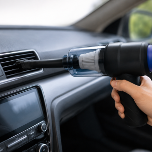 Mannsberger handstofzuiger reinigt het ventilatierooster van een auto.