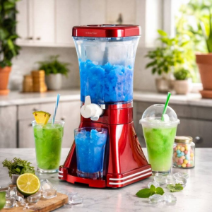 Rode Mikamax Retro Slushie Machine met blauwe slush en verschillende kleurrijke slushdrankjes in een keuken.