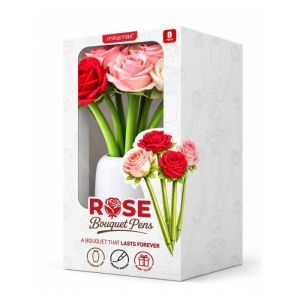 Rozenboeket Pennen Set - 8 Rozenpennen In Witte Vaas