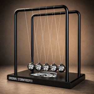 Stormtrooper Newton's Cradle als decoratief stuk, unieke Newton's Cradle met gravure en origineel Stormtrooper collectible design