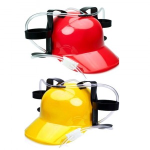 Bier Helm Rood en Geel - Ruimte voor 2 Blikjes - Ideale Carnaval Must-have - Grappig en praktisch accessoire - One Size Fits All - Feestelijke bierhelm voor handsfree drinken