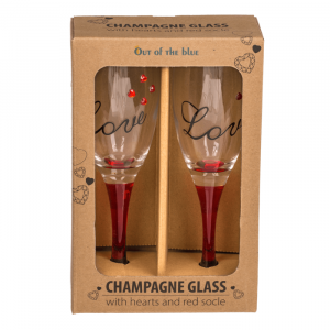 Champagne glazen met hartjes - Hartjes bedrukking - Met rode poot - Love Champagneglazen - Champagneglas van glas